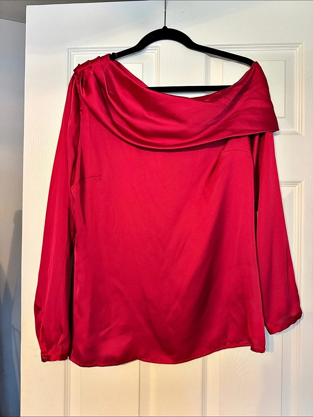 White House Black Market LS One Shoulder Satin Blouse Pink One Shoulder Blouse